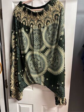 Bohemian Green Medallion Print Elastic Waist Maxi Pants